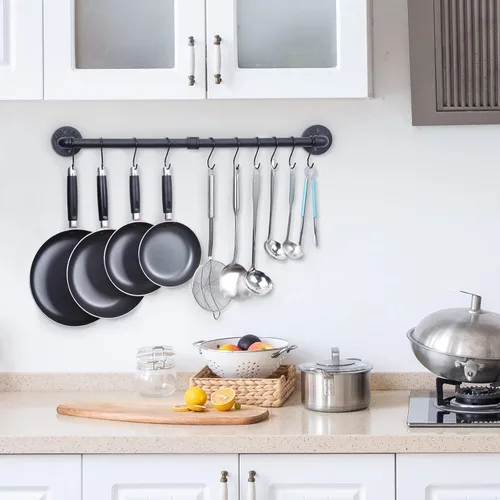 WuGeShop Estante colgante para ollas de 38 pulgadas, montado en la pared con 10 ganchos en S, tapas de cocina, espátula para utensilios, organizador