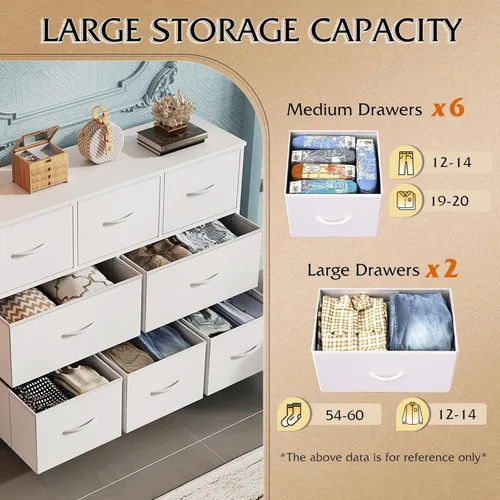 Miniatura 5 de WLIVE Cómoda de 8 cajones para dormitorio, cómoda de tela blanca con gran unidad de cajones de almacenamiento para entrada, cómoda de cajones
