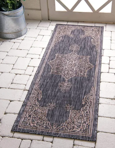 Unique Loom Outdoor Traditional Collection Alfombra de Área - Antique (Corredor de 2' x 6' 1", Gris Carbón/Natural)