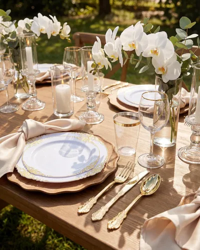 Miniatura 7 de Nervure - 150 piezas de platos de plástico negro transparente con borde dorado y cubiertos de plástico dorado, desechables, para boda, fiesta