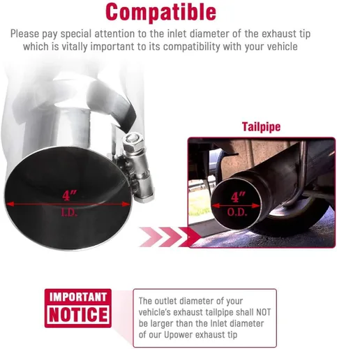 Miniatura 2 de Upower Punta de escape diésel que gira hacia abajo 4 pulgadas entrada 5 "diámetro de salida 16" de largo acero inoxidable 304 perno en el tubo