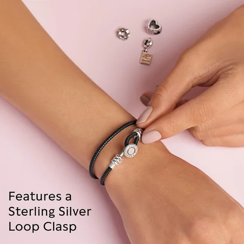 Miniatura 5 de PANDORA Joyería - Pulsera doble de cuero con circonita cúbica en plata de ley, Metal Cuero