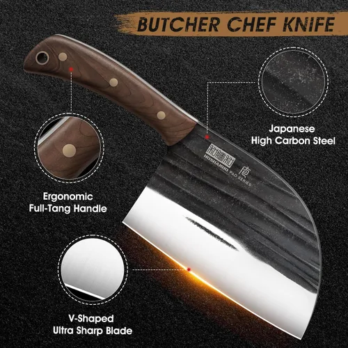 Miniatura 2 de HOSHANHO Cuchillo de chef serbio de 6.5 pulgadas, cuchillo de carnicero de acero de alto carbono para cortar carne, cuchillo de carnicero forjado