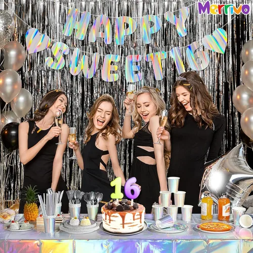 Miniatura 5 de Bandera de cumpleaños número 16 brillante y dulce, decoraciones de fiesta holográficas preencordadas de 9 pies, suministros de cumpleaños número 16