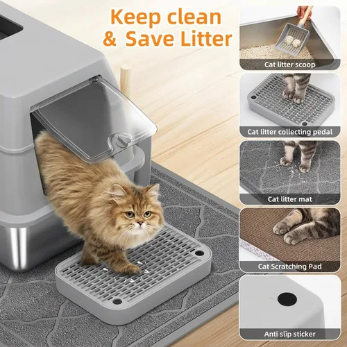 Miniatura 5 de Caja de arena de acero inoxidable con tapa, caja de arena para gatos de entrada frontal y salida superior, caja de metal cerrada extragrande