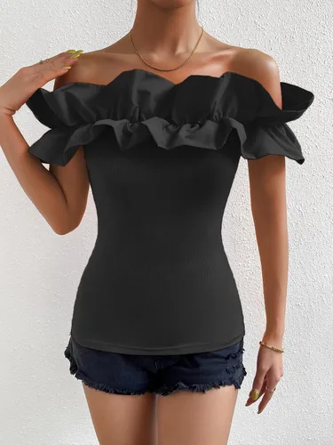 Miniatura 6 de OYOANGLE Blusa de manga corta con volantes y hombros descubiertos para mujer