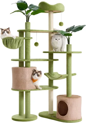Feandrea Árbol para gatos, torre para gatos de 68.1 pulgadas de alto, condominio de felpa de varios niveles con hojas artificiales, 3 postes para