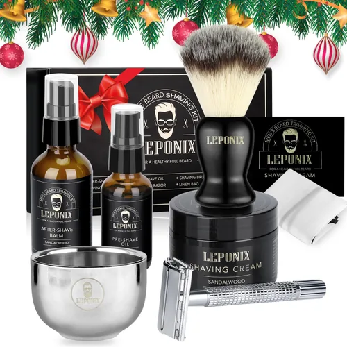 Miniatura 2 de Kit de afeitado para hombres - Set de regalo de amigo secreto, incluye afeitadora de seguridad, crema de afeitar de sándalo, aftershave, aceite