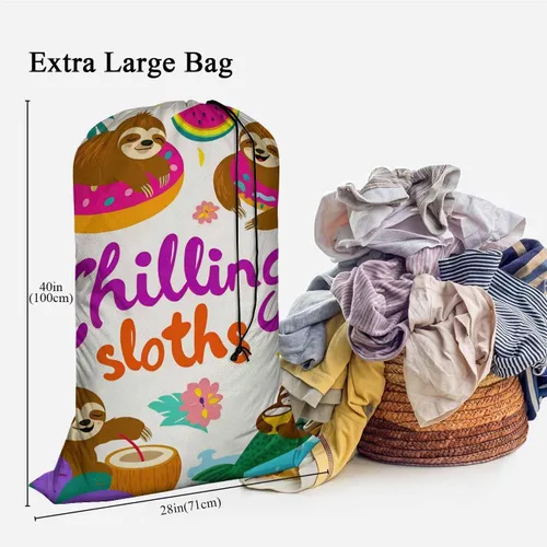 Miniatura 3 de Swono Adorable perezoso con cordón portátil de gran capacidad, bolsas de lavandería para disfrutar de vacaciones de verano, hojas de palmera, bolsas