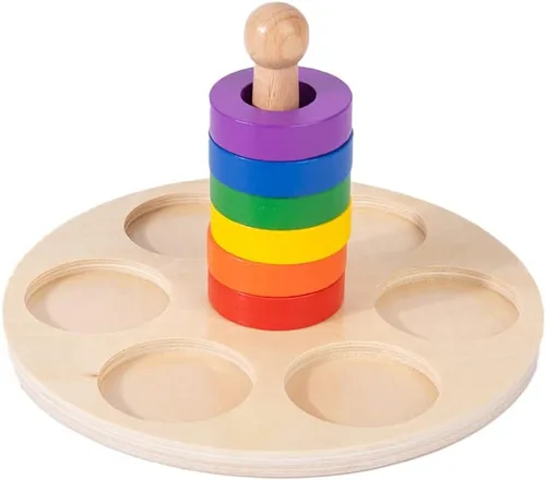 Miniatura 9 de Adena Montessori Anillo de madera para apilar y clasificar con 6 anillos de clavija, anillos apilables de arco iris de madera, juguetes apiladores