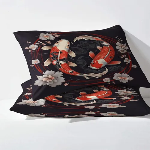 Miniatura 3 de Koi Fish Sábanas tamaño individual, sábanas japonesas con flores, sábanas y fundas de almohada estampadas de 3 piezas, sábana bajera ajustable