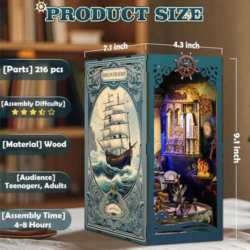 Miniatura 3 de Kit de rincón de libros, kit de bricolaje en miniatura de casa de muñecas con luz nocturna LED y cubierta antipolvo para adultos, adolescentes