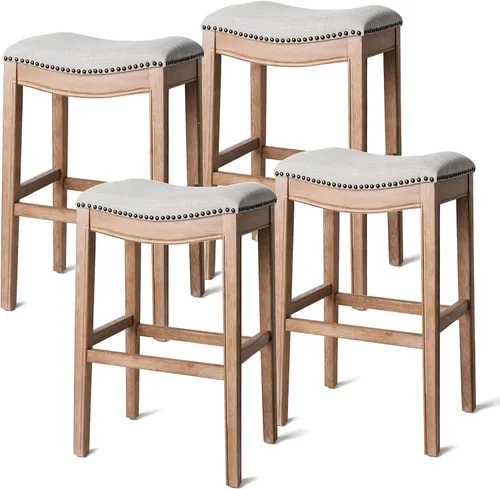 Miniatura 39 de Maven Lane Adrien Taburete de bar sin espalda, asiento de silla de montar de 31 pulgadas con reposapiés, marco de madera maciza gris y tapicería
