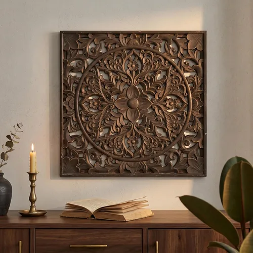 Miniatura 11 de XIAOAIKA Escultura de pared de madera tallada bohemia, intrincado diseño floral de mandala con acabado marrón envejecido, panel de arte de pared