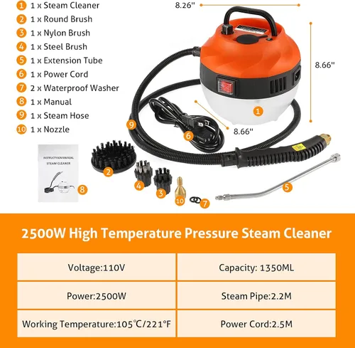 Miniatura 7 de WICHEMI Limpiador de vapor para limpieza de alta presión de 1800 W, limpiador de vapor de mano de alta temperatura para detalles de automóviles