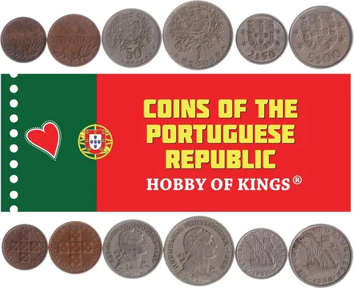 6 Coins de Portugal | Colección Portuguesa de Monedas 10 20 50 Centavos 1 2.50 5 Escudos | Circulado 1927-1969 | Barco | Republica | Quinas