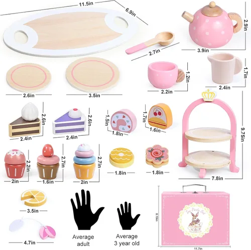 Miniatura 7 de Juego de fiesta de té de madera para niñas pequeñas, regalos para niñas pequeñas, juguetes de la hora del té de princesa, juego de té de madera