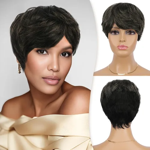 Miniatura 12 de RUWISS Peluca de cabello humano con corte Pixie, peluca de cabello humano con flequillo, peluca negra corta natural en capas, ondulada, diferentes