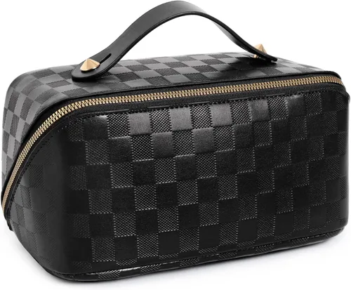 Bolsas de maquillaje a cuadros de gran capacidad, bolsas de cosméticos portátiles de viaje, bolsa de aseo abierta y plana para mujeres y niñas,