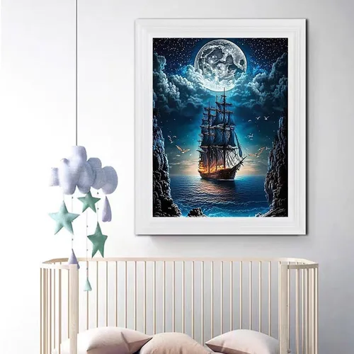 Miniatura 3 de NEGHER Kits de pintura de diamantes de paisaje 5D para adultos principiantes, DIY luna de barco de vapor, taladro redondo completo, kits de arte