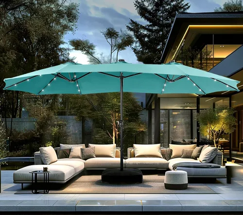 Miniatura 12 de PHI VILLA Sombrilla de patio grande de 15 pies con base y luces solares, paraguas rectangular de doble cara para exteriores con 36 luces LED, Beige