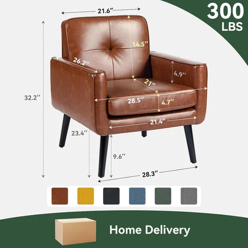 Miniatura 2 de Sillón moderno de acento de mediados de siglo, silla de piel sintética PU con estructura de madera, sillón acogedor para lectura con respaldo cómodo