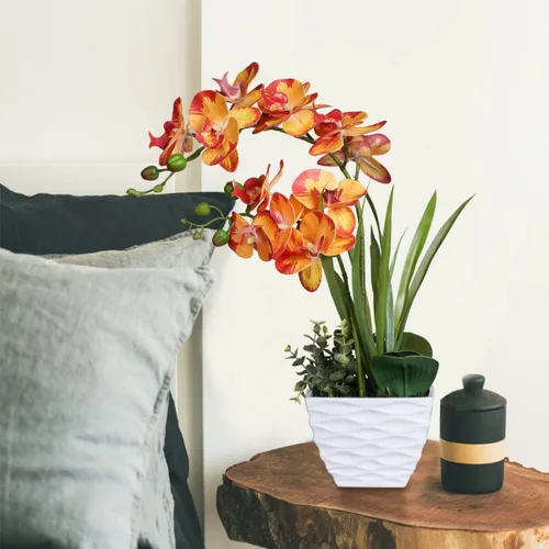 Miniatura 3 de Ohmywor Flores artificiales de orquídea naranja, arreglos de falaenopsis falsas, flores de orquídea de otoño con maceta blanca de 18.9 pulgadas