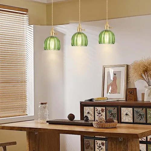 Miniatura 8 de Mini luces colgantes para isla de cocina, pequeña lámpara colgante ajustable con pantalla de cristal de tulipán verde, iluminación colgante dorada