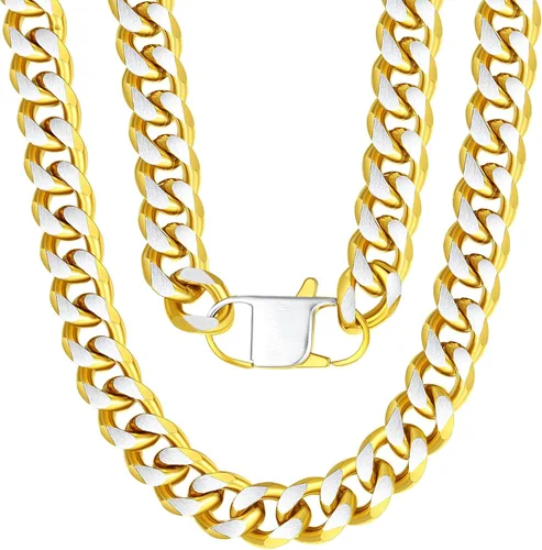 Miniatura 20 de YAMI Cadena de eslabones cubanos para hombre, azul/negro/oro de 14 quilates, acero inoxidable de 0.394-0.472 in de grosor, collar de cadena
