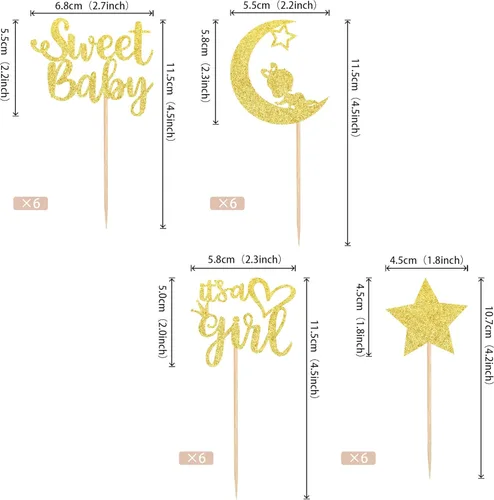 Miniatura 2 de 36 piezas de decoración para cupcakes con diseño de luna con purpurina de luna y estrella para revelación de género de bebé, baby shower, fiestas