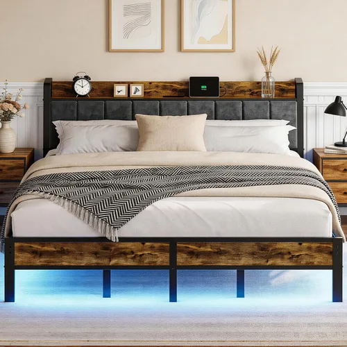 Miniatura 9 de Base de cama de tamaño individual con cabecera de almacenamiento y estación de carga, luces LED RGB inteligentes, cama de plataforma de metal