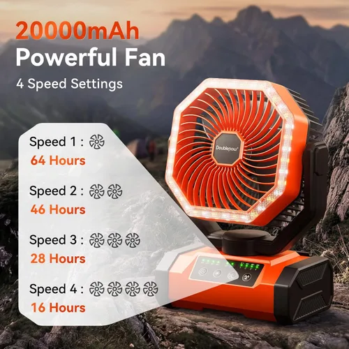 Miniatura 2 de Ventilador de campamento de 20000 mAh con luz LED, ventilador de escritorio oscilante automático con control remoto y gancho, ventilador de tienda