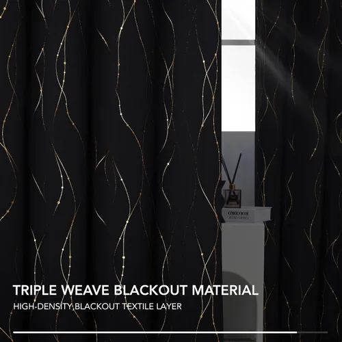 Miniatura 4 de Deconovo - Cortinas opacas con diseño dorado estampado y ojales, negro, de 42 pulgadas de ancho x 45 pulgadas de largo