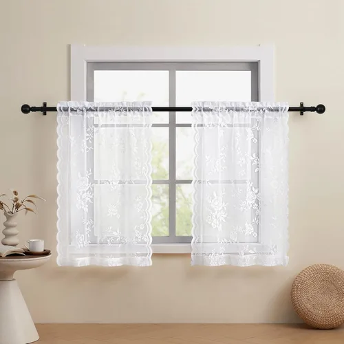 Miniatura 11 de SEEKRIGHT - 2 paneles de cortinas traslúcidas de encaje negro, cortinas góticas florales, cortinas victorianas con bolsillo para cortinero