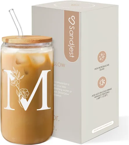 Miniatura 13 de SANDJEST Regalos con monograma para mujer, taza de vidrio con inicial, monograma A, taza de café de 16 onzas con tapa y pajita, iniciales