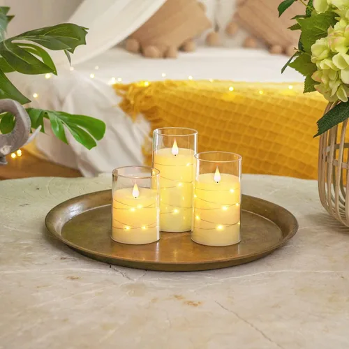 Miniatura 8 de Homemory Velas parpadeantes sin llama con tira de luces, velas que funcionan con pilas, luces LED de cadena integradas, vela de plexiglás irrompible