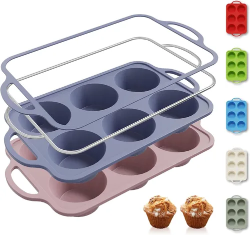 Miniatura 33 de 2 paquetes de 12 tazas de molde para magdalenas de silicona para hornear con marco reforzado de metal, molde para cupcakes de tamaño regular, Crema
