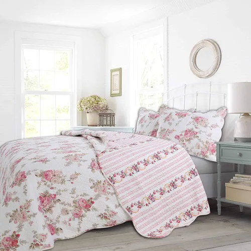 Miniatura 7 de Juego de cama de 3 piezas de edredón de algodón tamaño king, crema, flores de cerezo, floral, cian, azul, verde, ligero, reversible, cubrecama