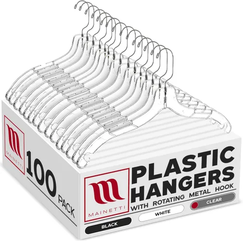 Mainetti 5400SCR - Perchas de plástico transparente, paquete de 100 con gancho de metal giratorio de 360 y muescas para correas, ideal para camisas,