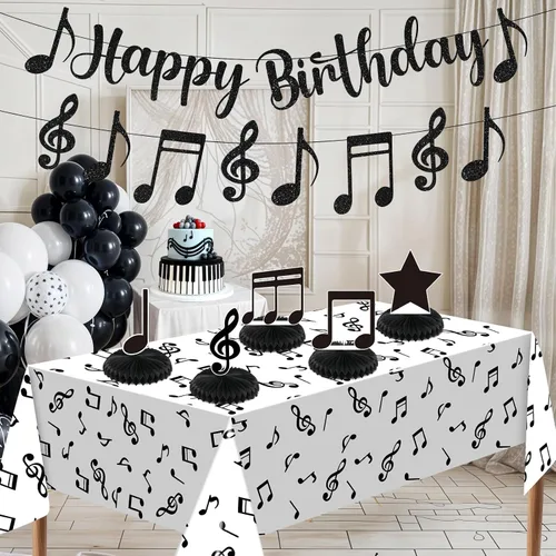 Miniatura 6 de Decoraciones de fiesta musical, nota musical negra, pancarta de feliz cumpleaños, mantel de notas y 5 piezas de mesa de panal de abeja, decoración