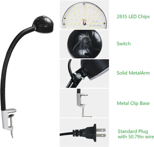 Miniatura 4 de Luz de trabajo con abrazadera LED con cuello de cisne flexible, 20 W, 2000 lúmenes, 6500 K, 110 V, enchufe de EE. UU., luz de torno de máquina