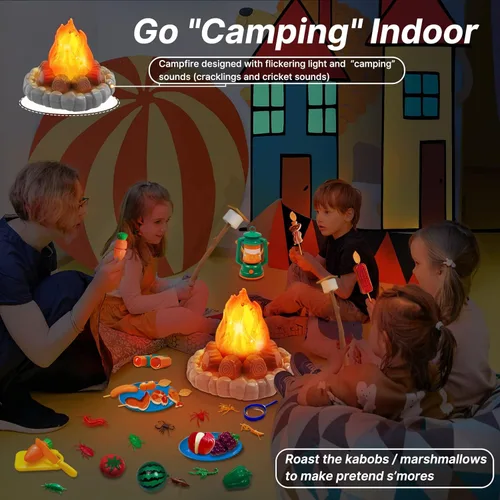 Miniatura 2 de Juguetes de campamento para niños, fogata de juguete, linterna, sombrero de safari, binoculares, botella, comida de juguete, malvaviscos, juego