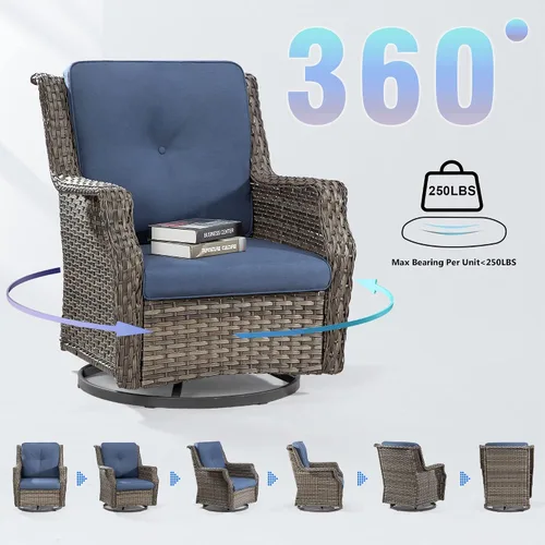 Miniatura 4 de Silla giratoria para patio al aire libre, silla giratoria de 360 grados con cojines de tela de capa catiónica repelentes al agua de 3.5 pulgadas
