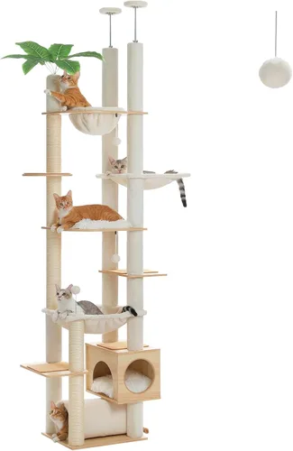 Miniatura 16 de PETEPELA Torre para gatos de 5 niveles de piso a techo, altura del árbol para gatos (95-107 pulgadas), ajustable, árbol de escalada alto con poste
