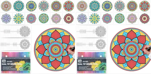 Hiwhy 48 Pcs Mandala Coloring Cards 10" x 10" Coloring Cardstock Stress Relief Relaxation Mandala Pattern Poster Sets with 36 Markers Creative