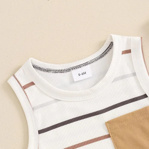Miniatura 74 de Ropa de bebé niño sin mangas + pantalones cortos con estampado a rayas con bolsillos, 2 piezas de trajes de verano