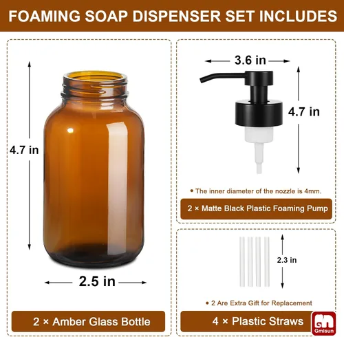 Miniatura 7 de GMISUN Dispensador de jabón espumoso, dispensador de jabón de espuma de vidrio ámbar de 8.5 fl oz / 8.5 fl oz para baño y cocina, paquete de 2