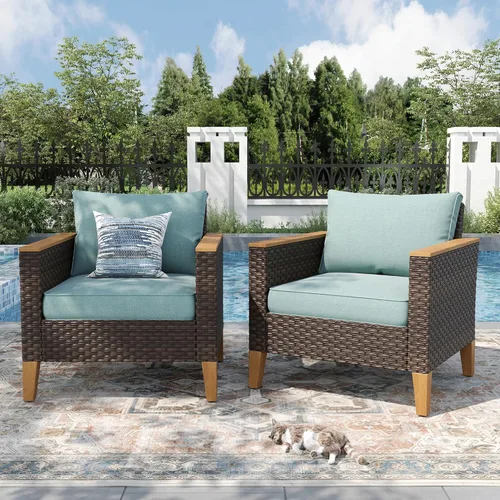 Miniatura 12 de PHI VILLA Otomana de mimbre para patio, 2 piezas, asiento otomano de mimbre para todo tipo de clima, reposapiés para exteriores con cojines