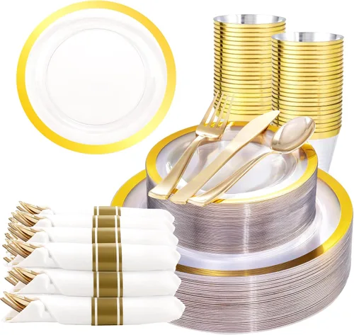 Miniatura 12 de Liacere 350 platos de plástico color oro rosa, platos desechables de rosa transparente, 50 invitados, incluyen 50 platos llanos, 50 platos