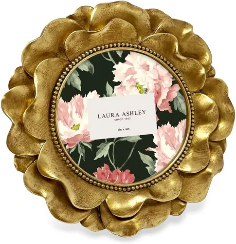 Laura Ashley Marco de fotos redondo de resina dorada de 4 x 4 con borde de cuentas, para mesa y pared, decoración floral del hogar (dorado)